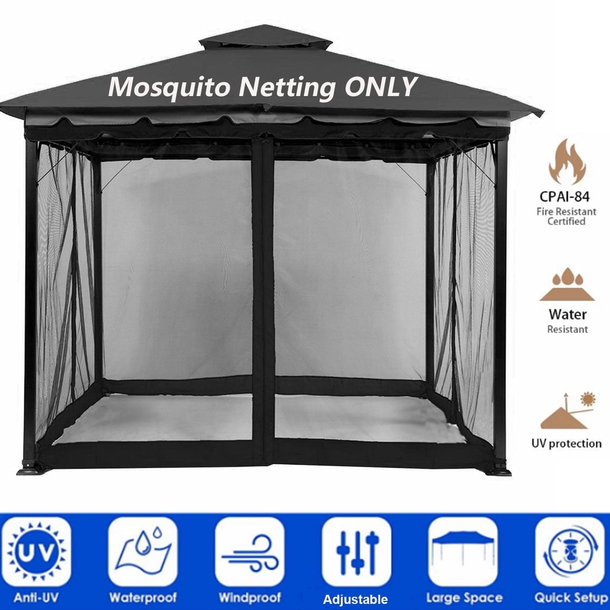 SHANNA Gazebo Universal Replacement Mosquito Netting 10' x 10' Outdoor Mesh Netting Screen 4-Panel Sidewall Curtain with Zipper, Black